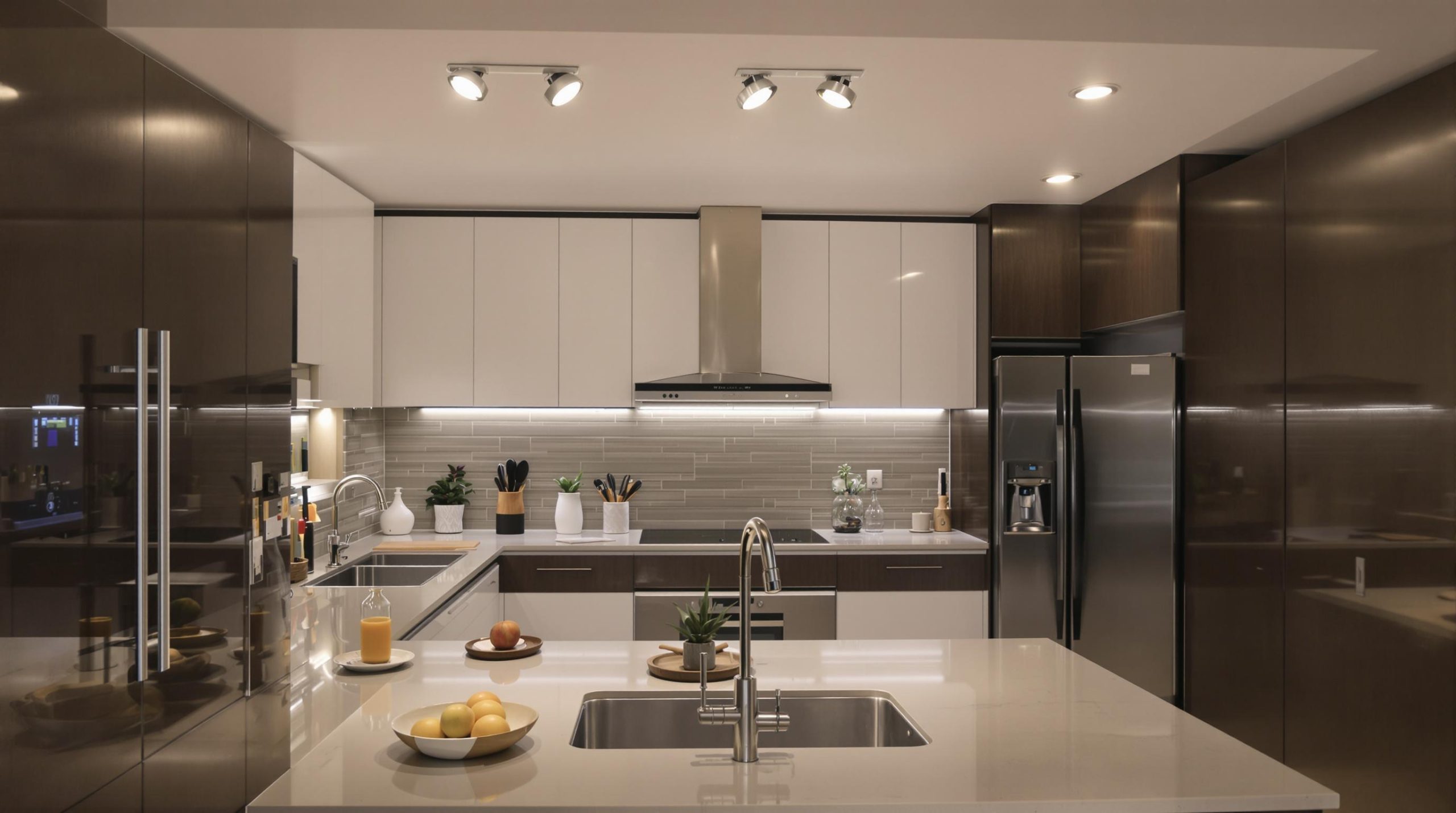 Exemple de disposition de spots au plafond dans une cuisine moderne, Plans d'installation de spots au plafond pour une cuisine bien éclairée